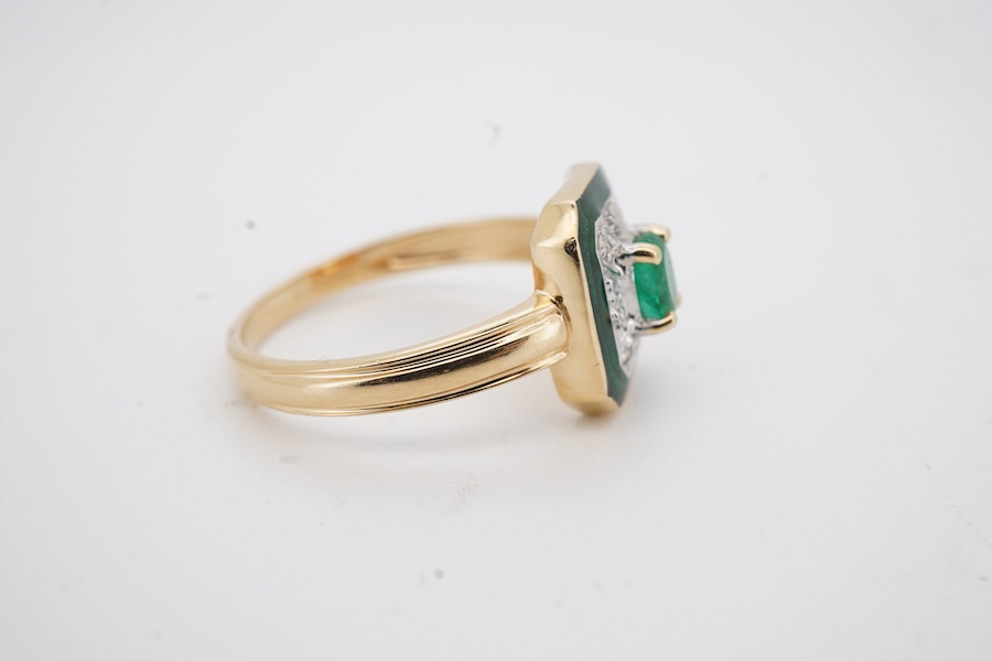 A recent 14ct gold, emerald and diamond cluster ring, of octagonal form, with green enamel border, size L/M, gross weight 2.6 grams.
